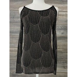 VENUS Top Women's Black and Gold Glitter Sparkle Shirt Open Cold Shoulder XS